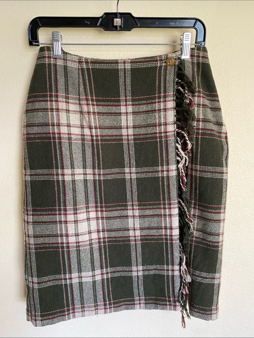 Plaid Wrap Pencil Skirt with Fringe Accent